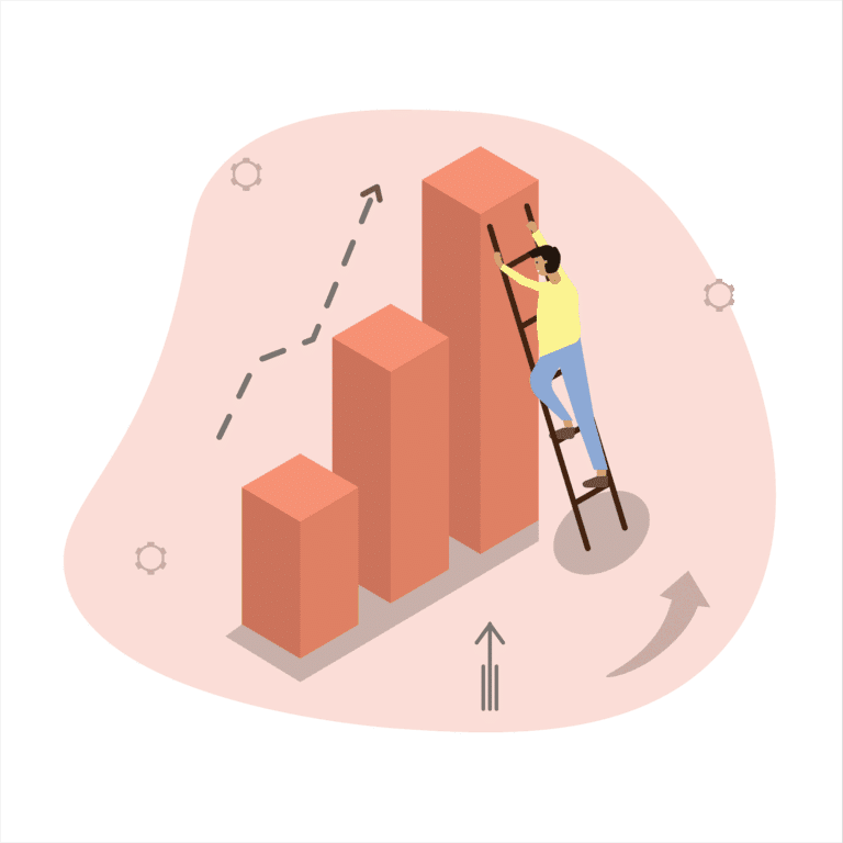 Person climbing steps with pink circular background