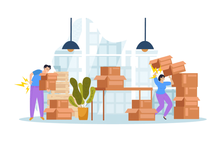 People working in warehouse with boxes and pendant lights